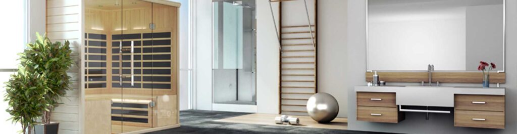 Modern home spa with a glass-front sauna on the left, a wooden wall-bar structure in the center, and a white-and-wood vanity with a large mirror on the right.