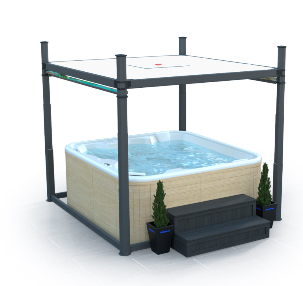 Outdoor hot tub under a black metal pergola frame with two potted evergreens and blackSteps at the entrance