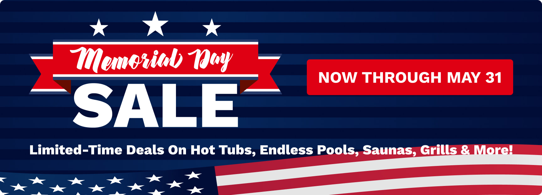 Patriotic Memorial Day sale banner with bold 'SALE' text, red ribbon and white stars on a blue striped background.