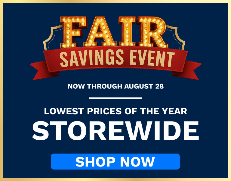 Promotional banner for a storewide savings event with 'SHOP NOW' call-to-action on a dark blue background.
