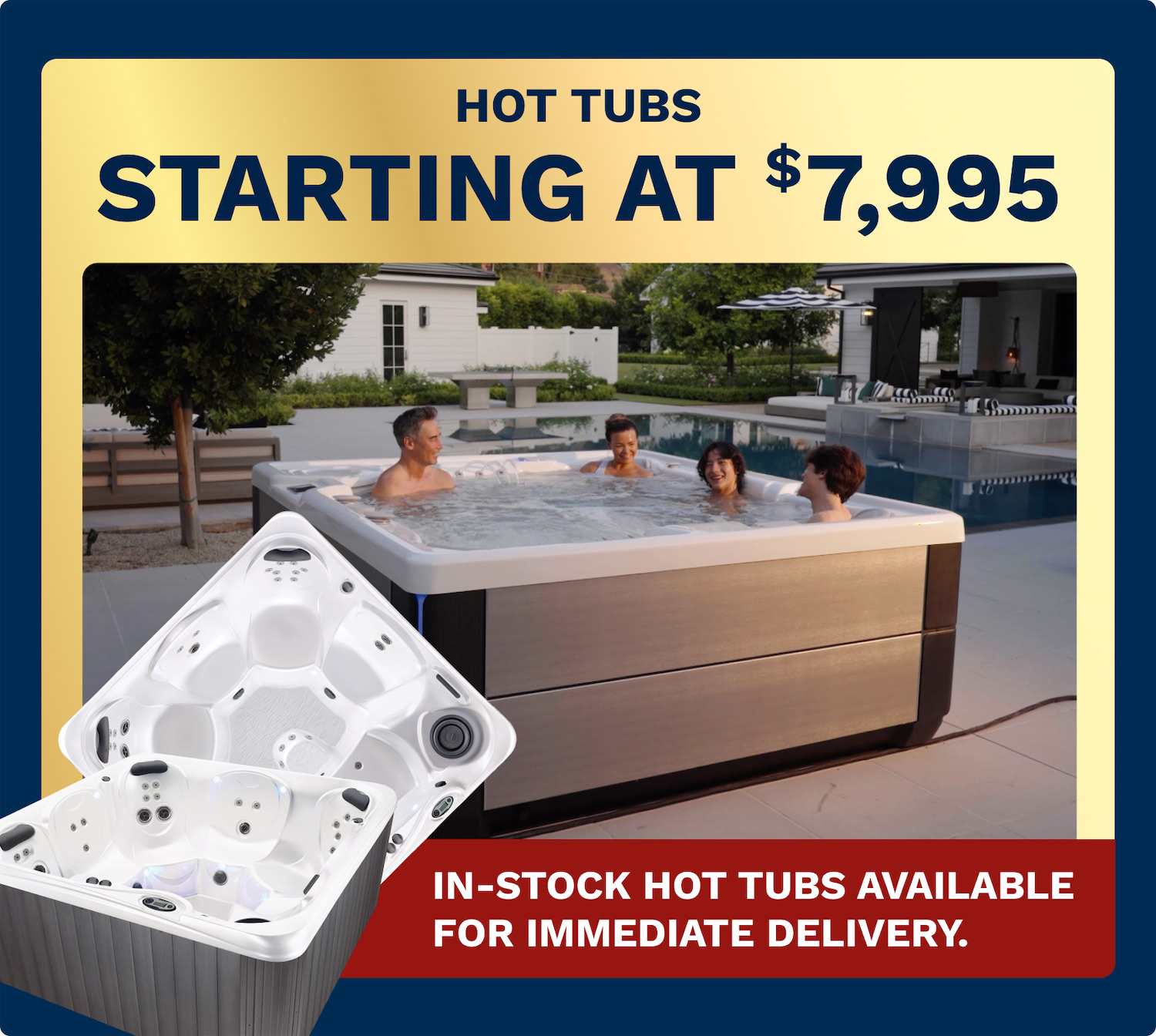 Advertisement banner: hot tubs starting at $7,995 with a family enjoying a backyard hot tub.
