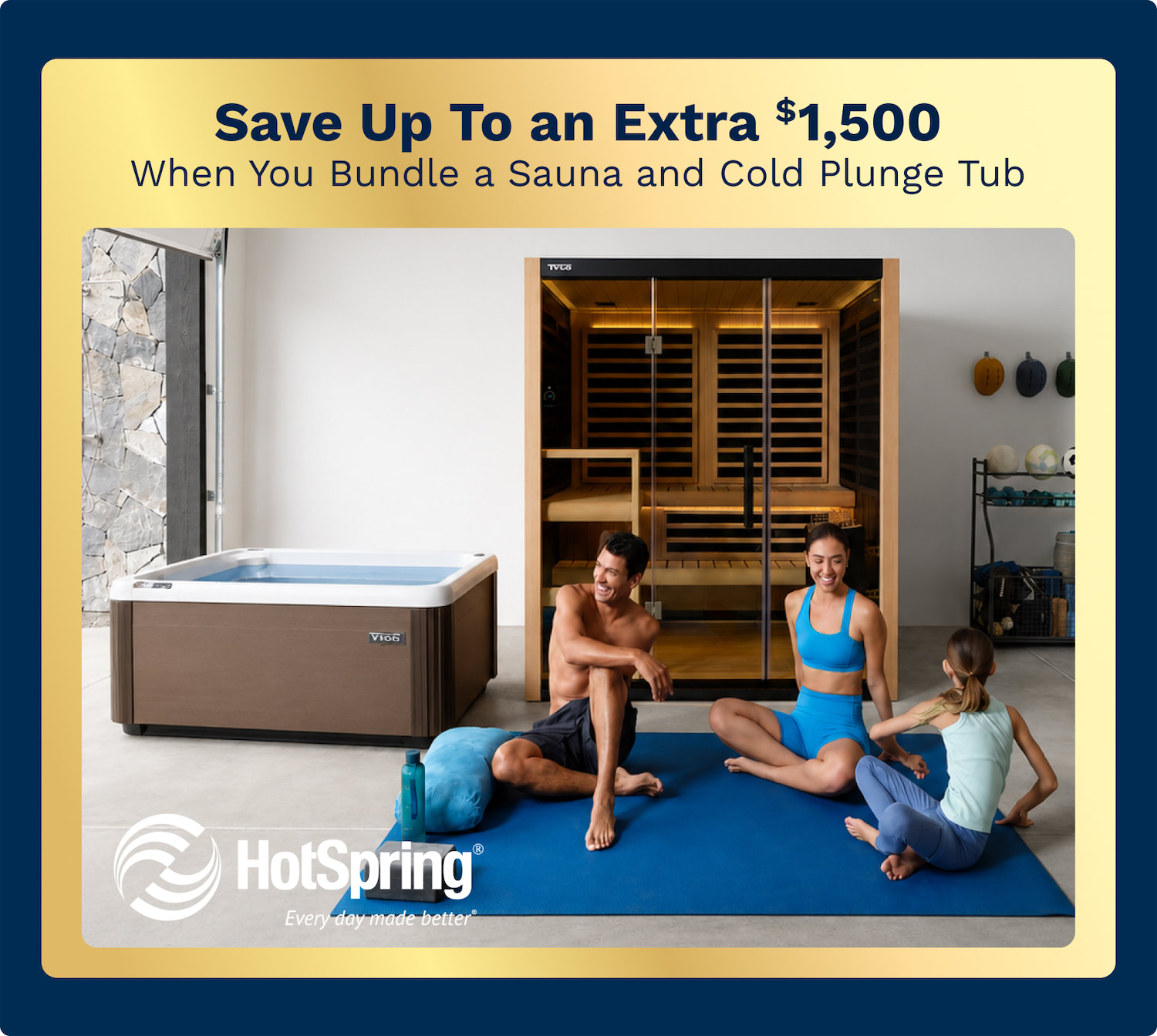 Promo banner advertising a deal to bundle a sauna and cold plunge tub; shows a sauna, hot tub, and people doing yoga on a mat in a showroom.