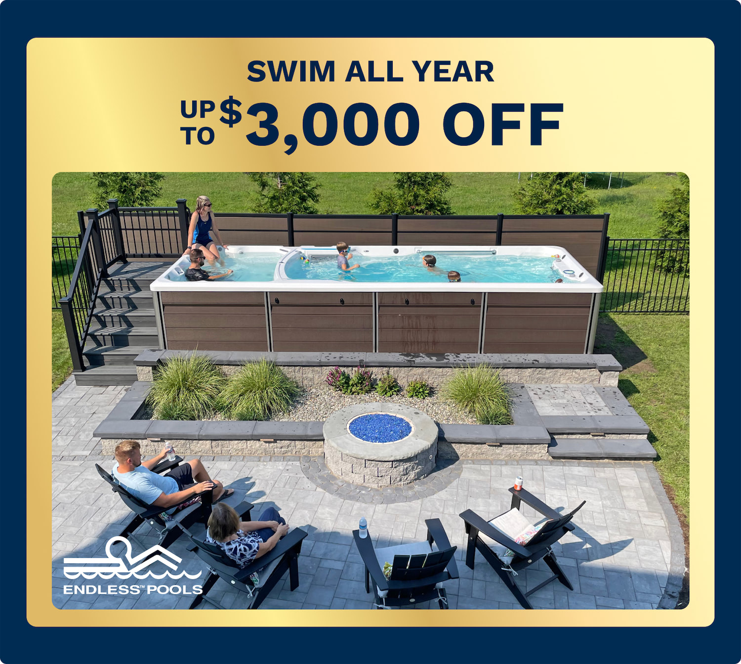 Advertisement banner for Endless Pools: a backyard pool with people swimming and lounging, showing the offer 'Swim All Year Up to $3,000 Off' on a gold gradient header.