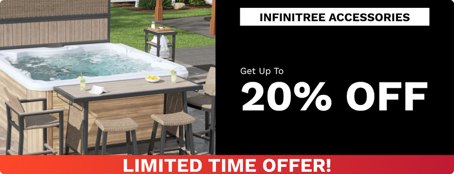Outdoor spa with a white hot tub and bar-height seating, next to a black promotional banner reading 'INFINITREE ACCESSORIES' and '20% OFF'. Text 'LIMITED TIME OFFER!' at the bottom.