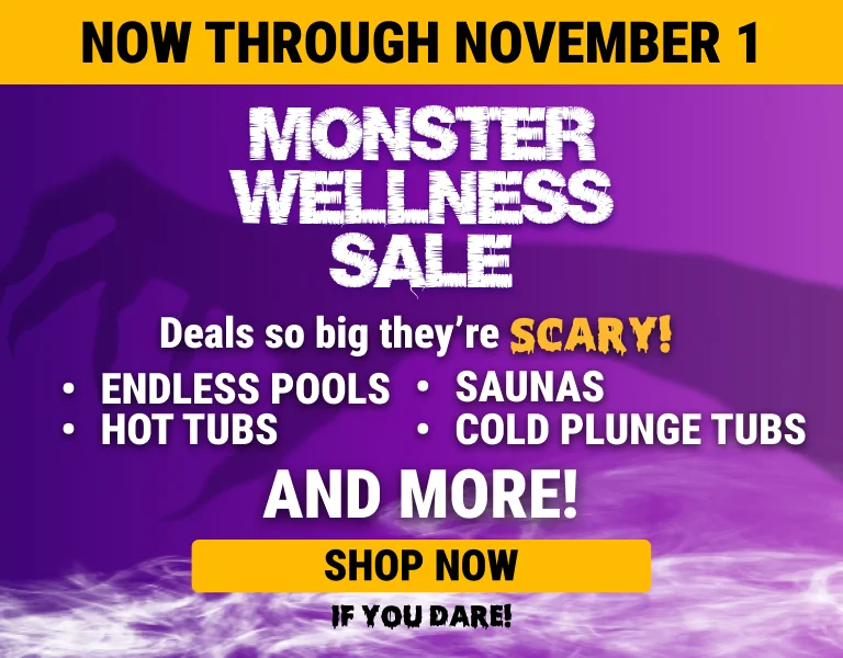 Bright purple wellness sale poster: 'Monster Wellness Sale' with item list (endless pools, hot tubs, saunas, cold plunge tubs), top yellow banner 'NOW THROUGH NOVEMBER 1', and a 'SHOP NOW' button.