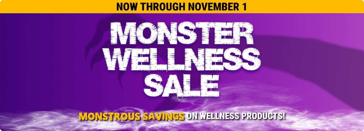 Promotional banner for a wellness sale with purple background, bold white distressed text, and a yellow header featuring a monster silhouette.