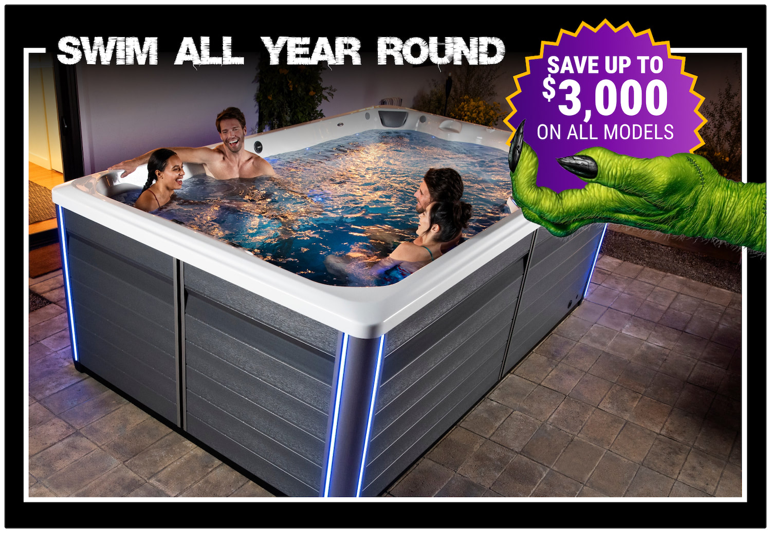Four people relaxing in an outdoor hot tub at night with ad copy: Swim All Year Round and a sale banner offering up to $3,000 off all models.