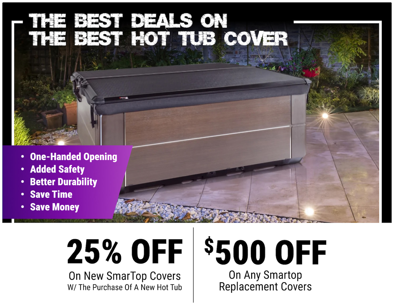 Advertisement for hot tub covers with feature list and sale offers: 25% off and $500 off.