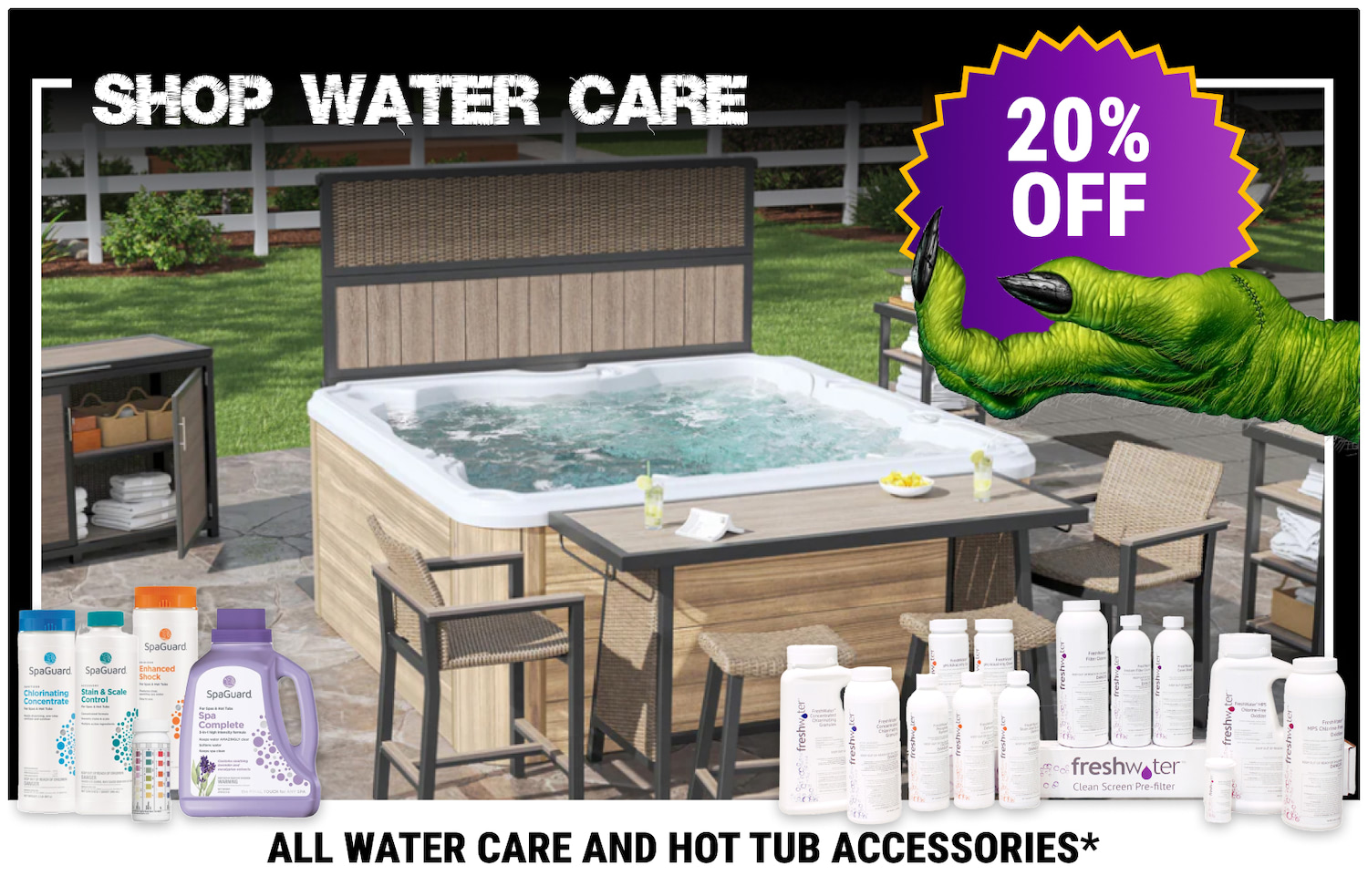 Promotional banner advertising water care and hot tub accessories with a 20% off badge and a hot tub setup outdoors.